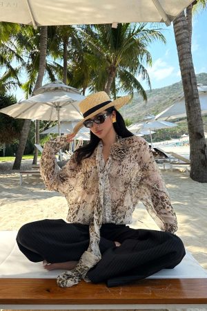 ROVENTE Sheer Leopard Blouse with Draped Tie & Rosette