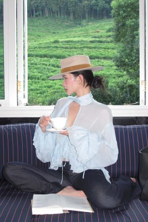 ROVENTE Sheer Ruffle Tie Blouse