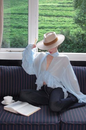 ROVENTE Sheer Ruffle Tie Blouse