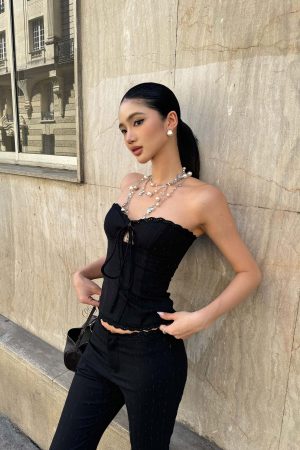 ROVENTE Strapless Corset Top with Eyelet Lace Trim and Structured Fit