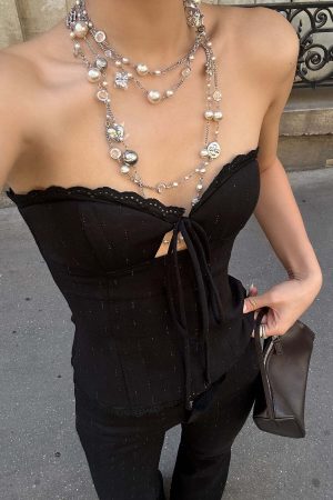 ROVENTE Strapless Corset Top with Eyelet Lace Trim and Structured Fit