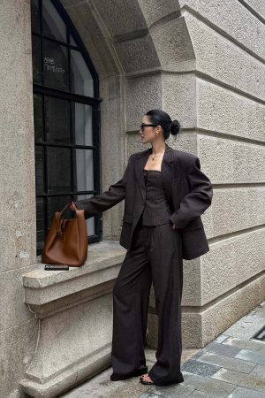 ROVENTE Tailored Pinstripe Suit Set with Blazer Corset and Wide Leg Pants