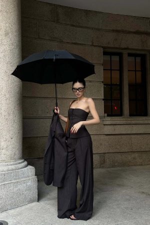 ROVENTE Tailored Pinstripe Suit Set with Blazer Corset and Wide Leg Pants