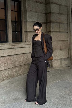 ROVENTE Tailored Pinstripe Suit Set with Blazer Corset and Wide Leg Pants