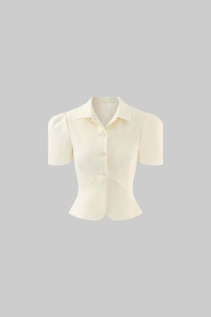 ROVENTE Tailored Puff Sleeve Shirt with Curved Hem and Fitted Waist