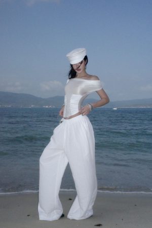 ROVENTE White Linen Wide-Leg Pants with Elastic Waist