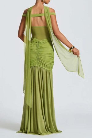 Ruched Mesh Maxi Dress
