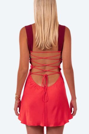 Satin Lace Up Backless Mini Dress