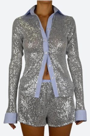 Sequined Shirt & Shorts Two Piece Set