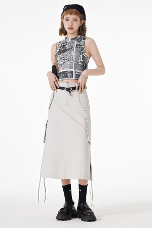 Slit & String Detailed Cargo Midi Skirt