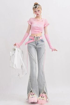 Soft Girl Lace Up Slit Flare Jeans