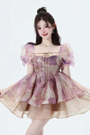 Soft Girl Puff Sleeve Layered Mini Dress