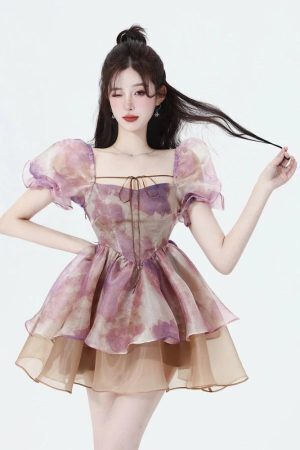 Soft Girl Puff Sleeve Layered Mini Dress