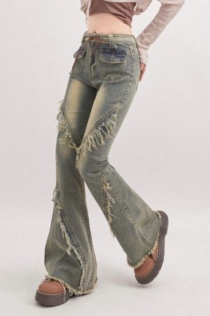 Soft Grunge Tasseled Flare Jeans