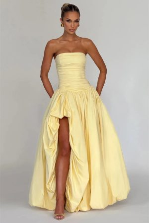 Strapless High Split Lace-Up Back Maxi Dress