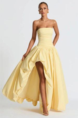 Strapless High Split Lace-Up Back Maxi Dress