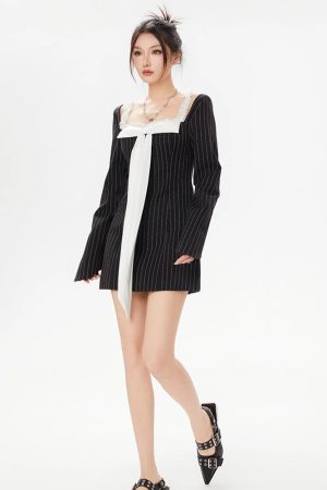 Striped Lace Strap Bow Mini Dress