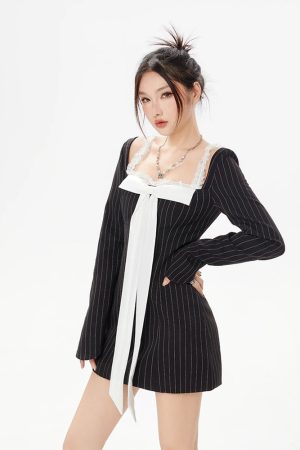 Striped Lace Strap Bow Mini Dress