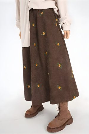 Sunflower Embroidered Corduroy Maxi Skirt
