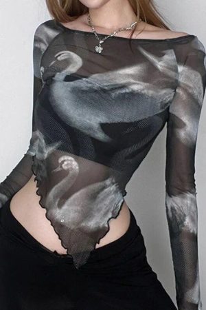 Swan Graphic Asymmetrical Mesh Top