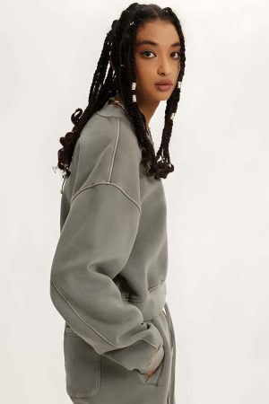 V-Neck Drop Shoulder Cropped Sweatshirt