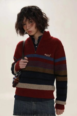 Vintage Aesthetic Knitted Zip Sweater