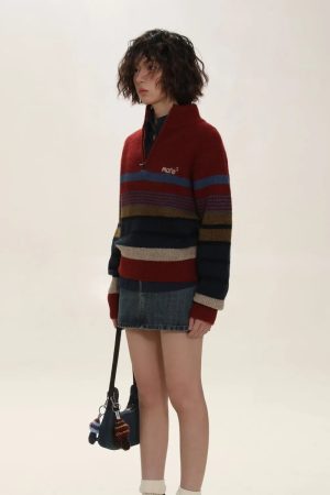 Vintage Aesthetic Knitted Zip Sweater