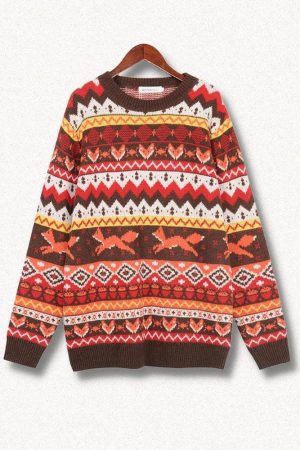 Vintage Fox Embroidered Christmas Sweater