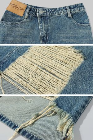 WARDEN EDGE Distressed Denim Midi Skirt with Asymmetrical Hem