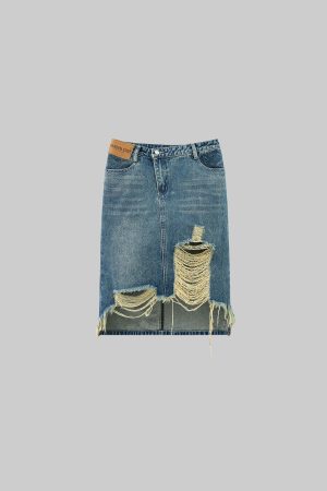 WARDEN EDGE Distressed Denim Midi Skirt with Asymmetrical Hem