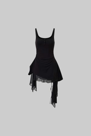 WARDEN EDGE Layered Mesh Hem Dress with Raw Draping