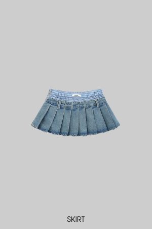 WARDEN EDGE Pleated Denim Micro Skirt with Contrast Waistband