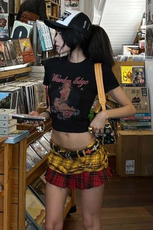 WARDEN EDGE Punk Clash Layered Mini Skirt in Yellow & Red Plaid