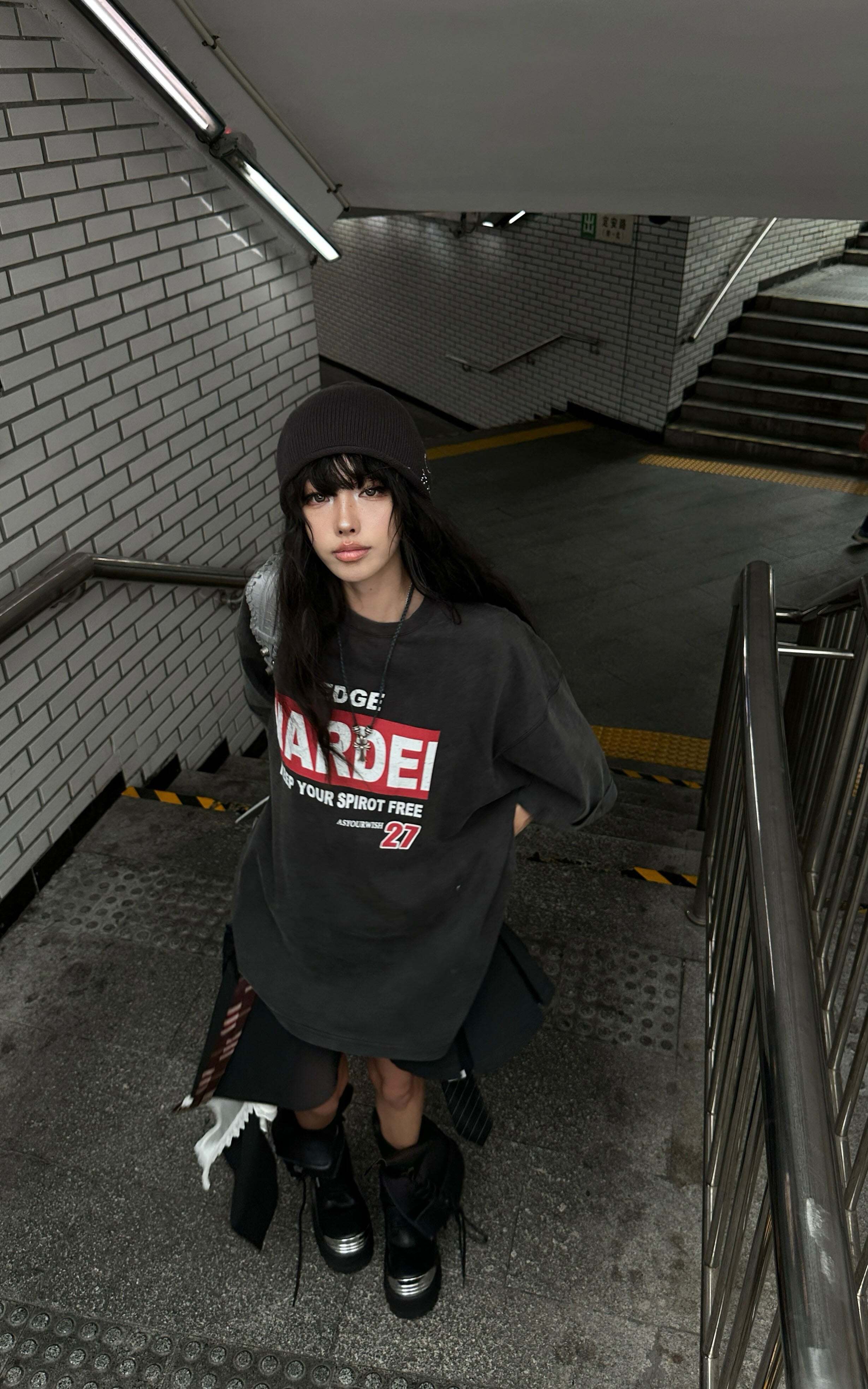 WARDEN EDGE Washed Oversized Tee with Red Letter Print