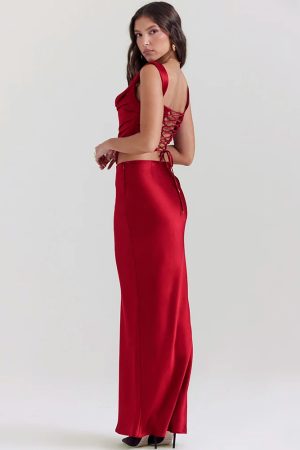 Wine Satin Corset Top & Maxi Skirt Two Piece Set