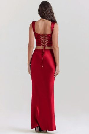 Wine Satin Corset Top & Maxi Skirt Two Piece Set