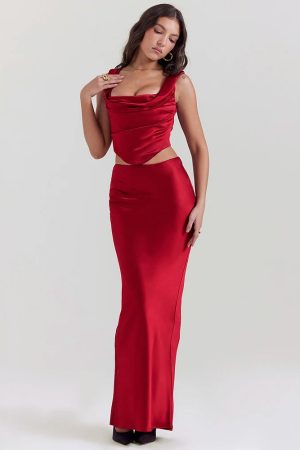 Wine Satin Corset Top & Maxi Skirt Two Piece Set