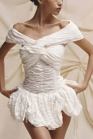 Wrinkled Off Shoulder Mini Dress
