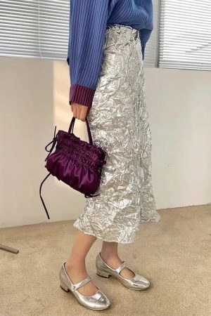 Wrinkled Silver Midi Skirt