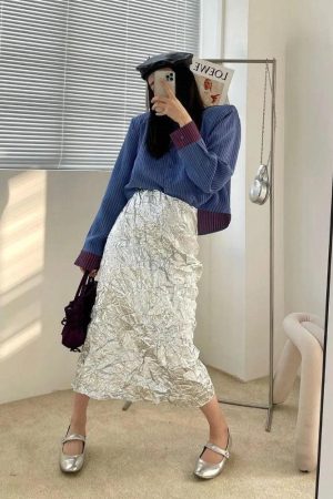 Wrinkled Silver Midi Skirt