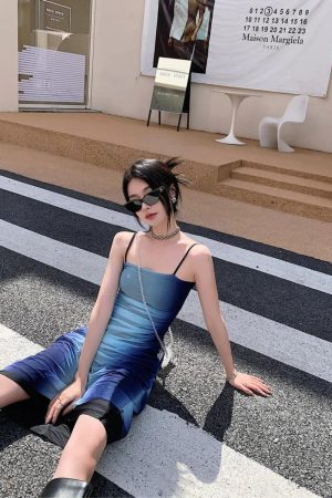 Y2K Blue Gradient Strappy Midi Dress