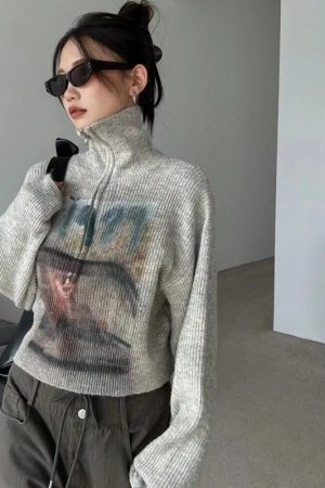 Y2K Half Zip-Up Knitted Sweater