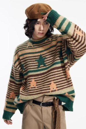 Y2K Vintage Stars Striped Knitted Sweater